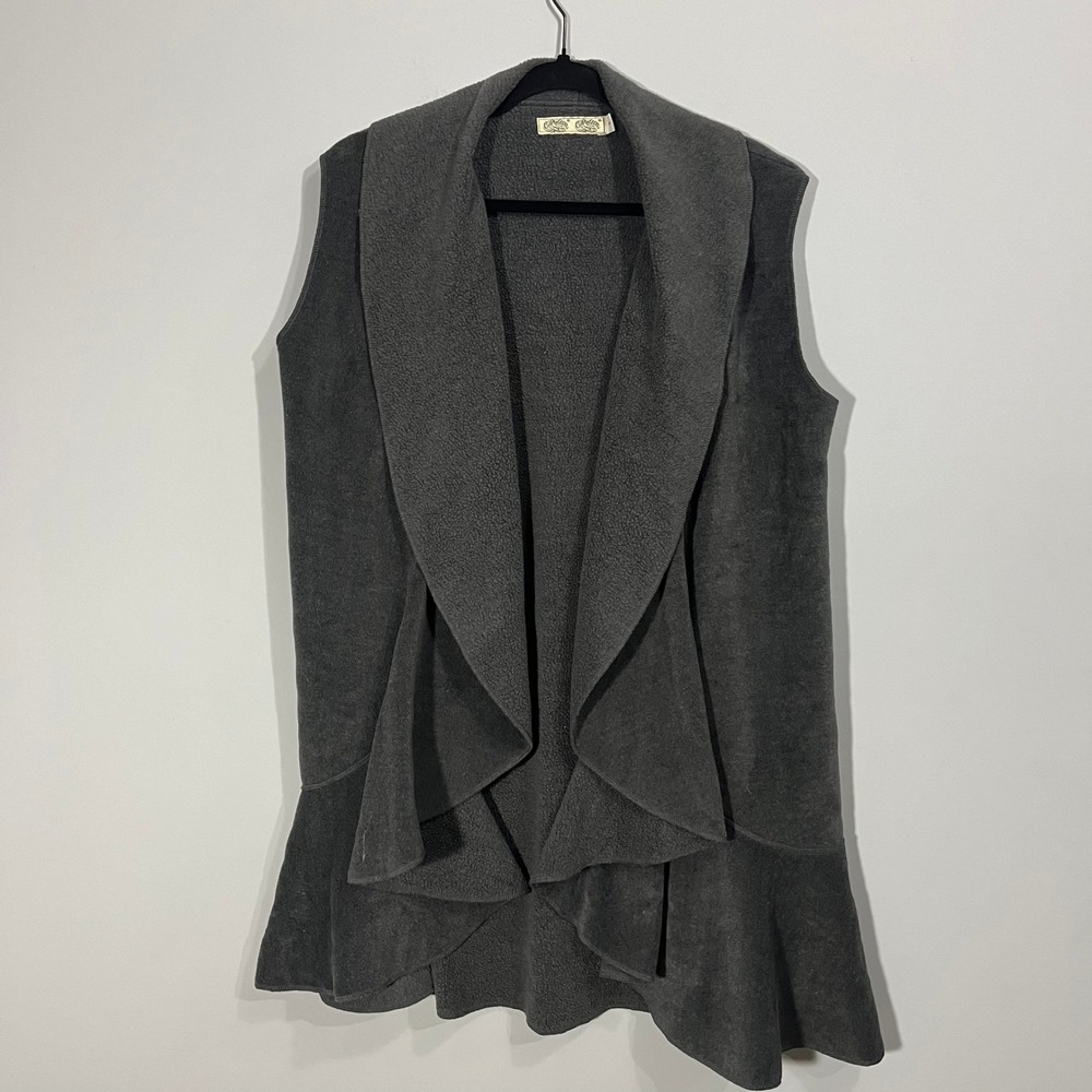 Cameleon Gray Fleece Waterfall Vest Shawl Collar Open Front Longline Sleeveless